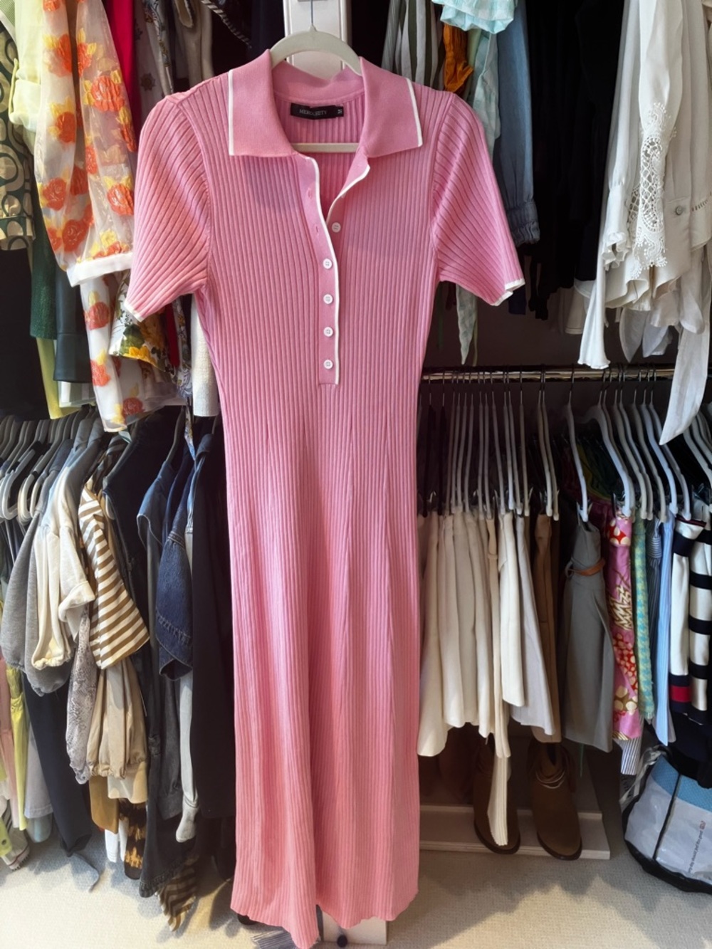 Pink Ribbed Polo Midi Dress